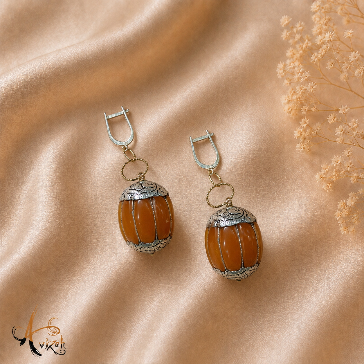 گوشواره کهربای طبیعی نقره کوب